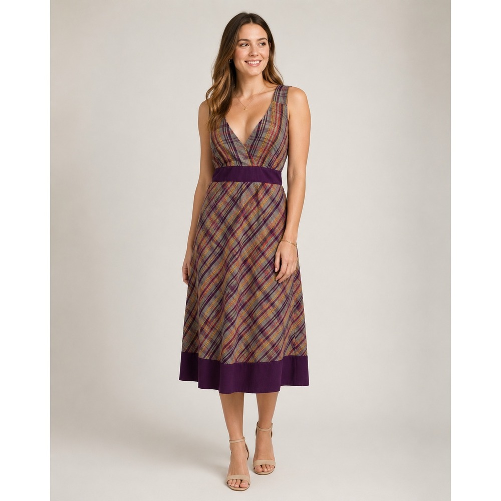 Patagonia‎ Sun Dress Womens 14 Purple Plaid Polyester Organic Cotton Tie back